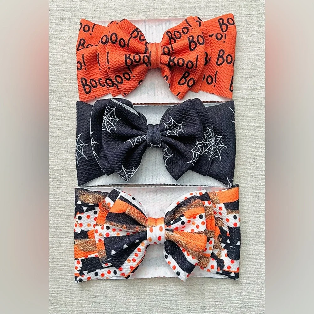 Baby Girl Headband Big Bow Halloween Set of Three with Boo and Spider Web Design